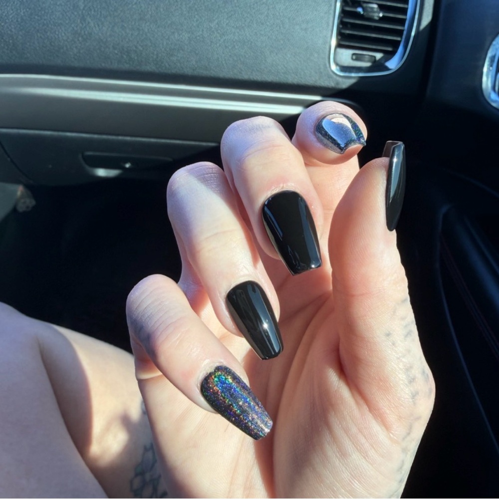 Premium gel Black & Holographic Accent Press-On Nails handcrafted
